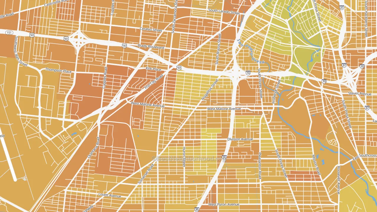 Map of the best neighborhoods in the 78225 area, with better matches in green and worse matches in red