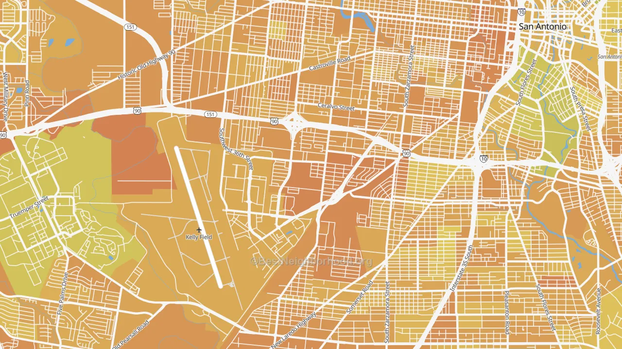 Map of the best neighborhoods in the 78226 area, with better matches in green and worse matches in red