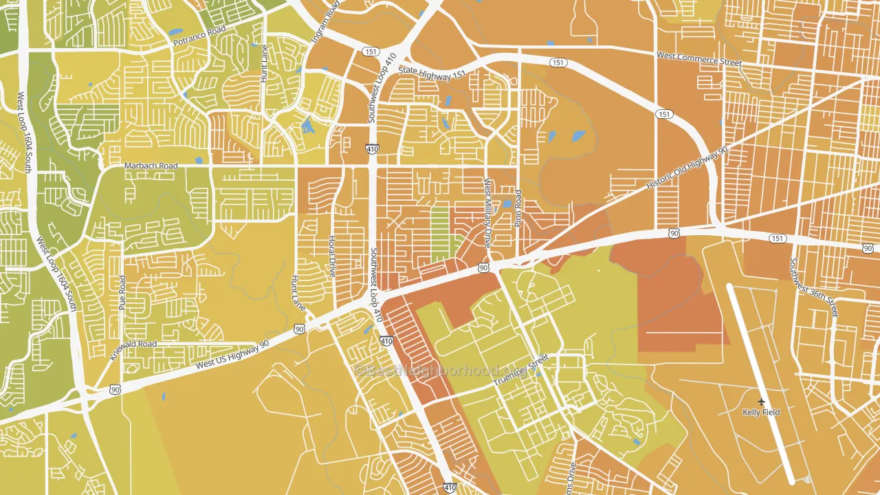 Map of the best neighborhoods in the 78227 area, with better matches in green and worse matches in red