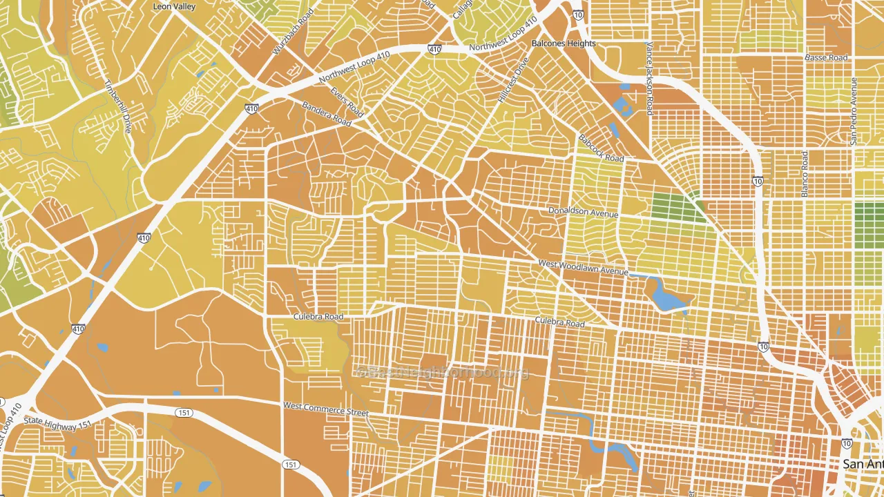 Map of the best neighborhoods in the 78228 area, with better matches in green and worse matches in red
