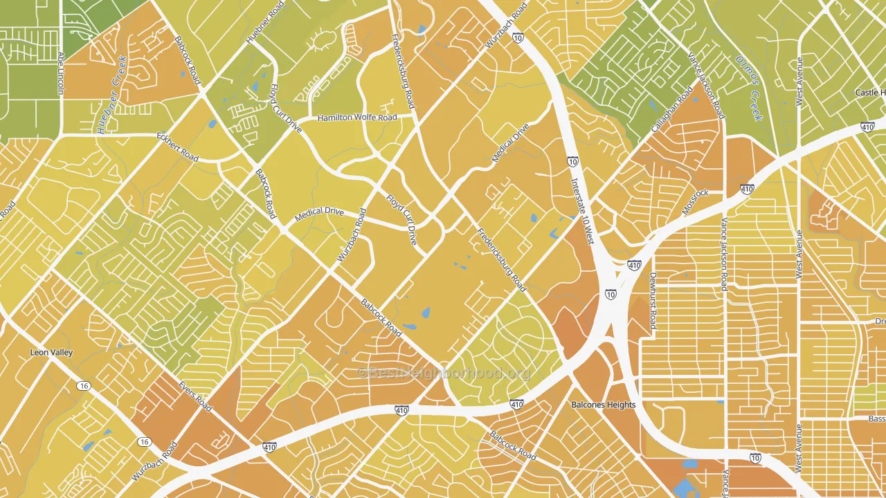Map of the best neighborhoods in the 78229 area, with better matches in green and worse matches in red