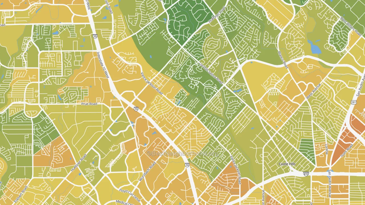 Map of the best neighborhoods in the 78230 area, with better matches in green and worse matches in red