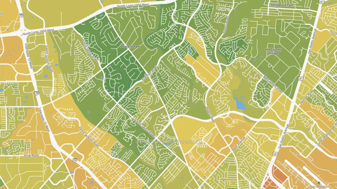 Map of the best neighborhoods in the 78231 area, with better matches in green and worse matches in red