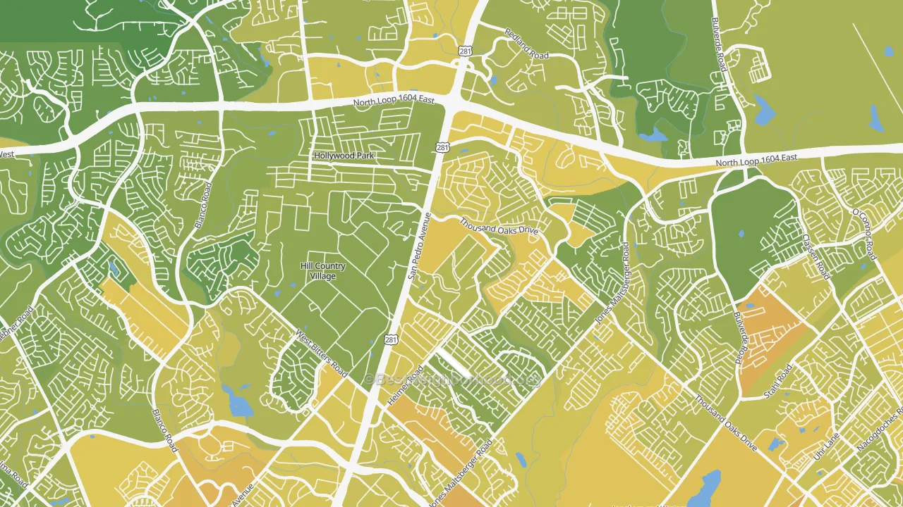 Map of the best neighborhoods in the 78232 area, with better matches in green and worse matches in red