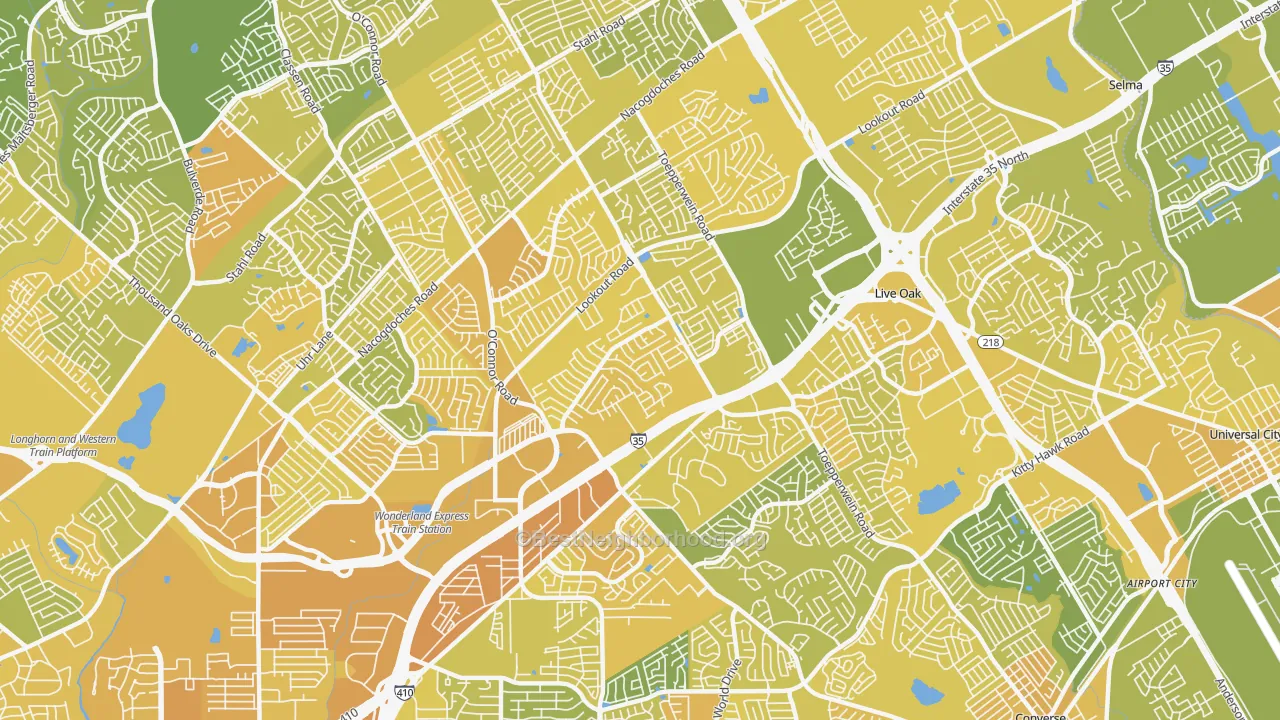 Map of the best neighborhoods in the 78233 area, with better matches in green and worse matches in red