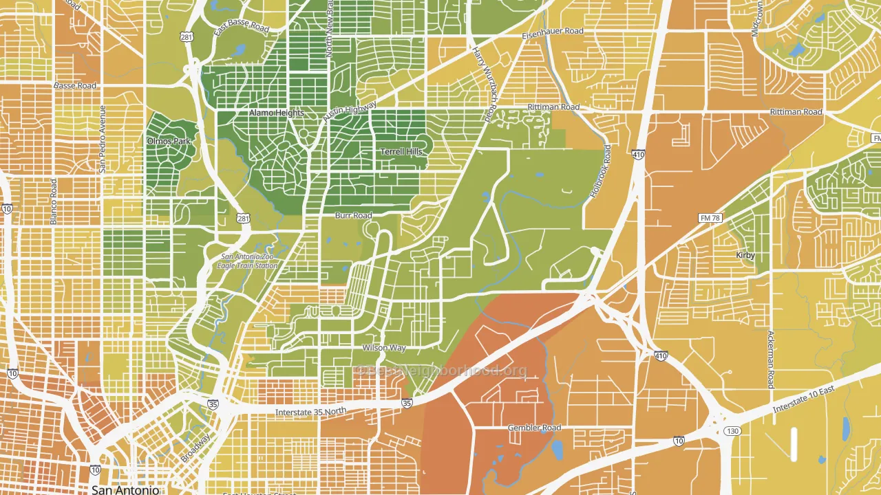 Map of the best neighborhoods in the 78234 area, with better matches in green and worse matches in red
