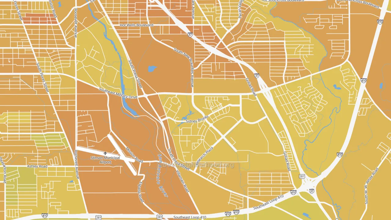 Map of the best neighborhoods in the 78235 area, with better matches in green and worse matches in red