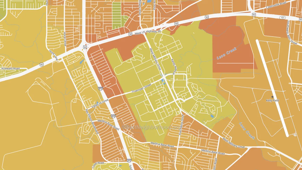 Map of the best neighborhoods in the 78236 area, with better matches in green and worse matches in red