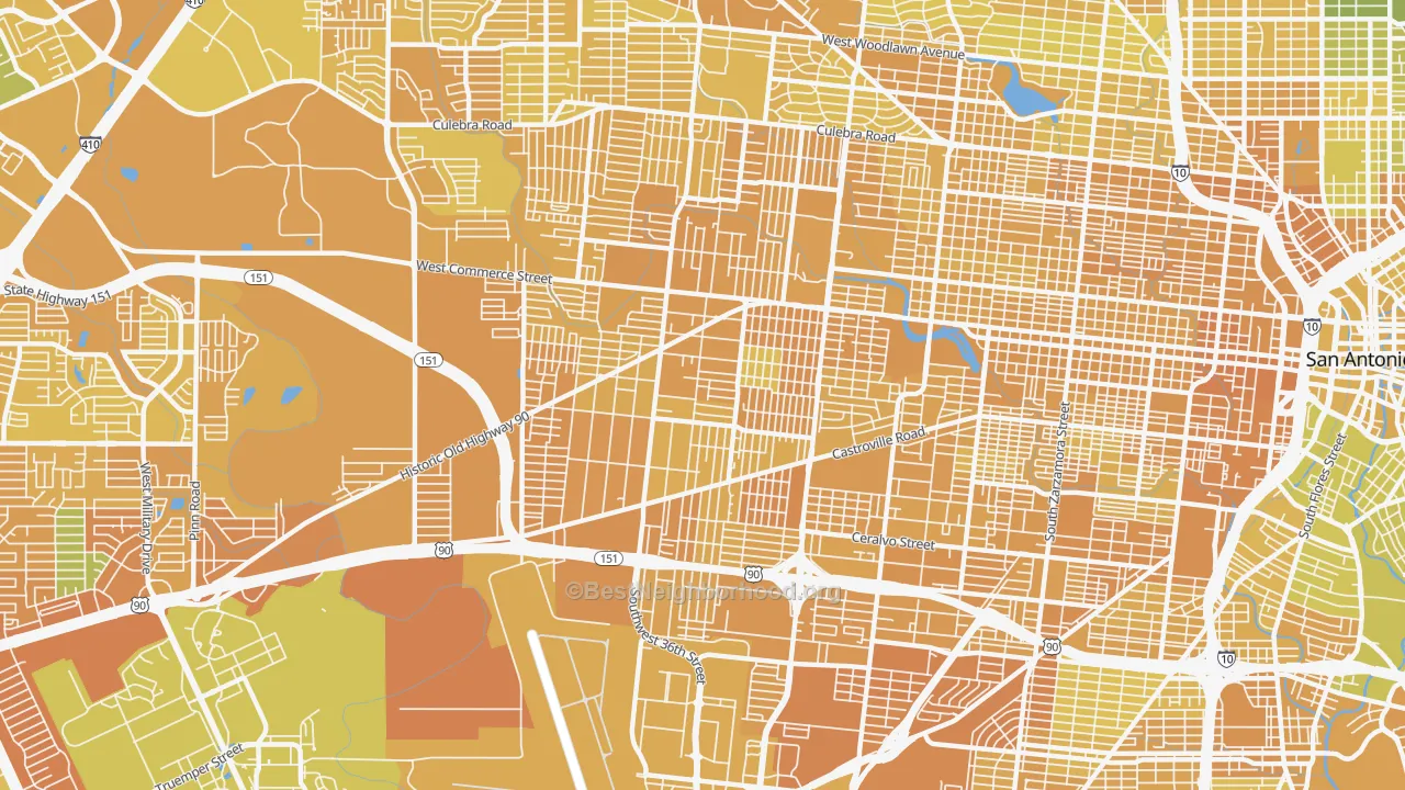 Map of the best neighborhoods in the 78237 area, with better matches in green and worse matches in red
