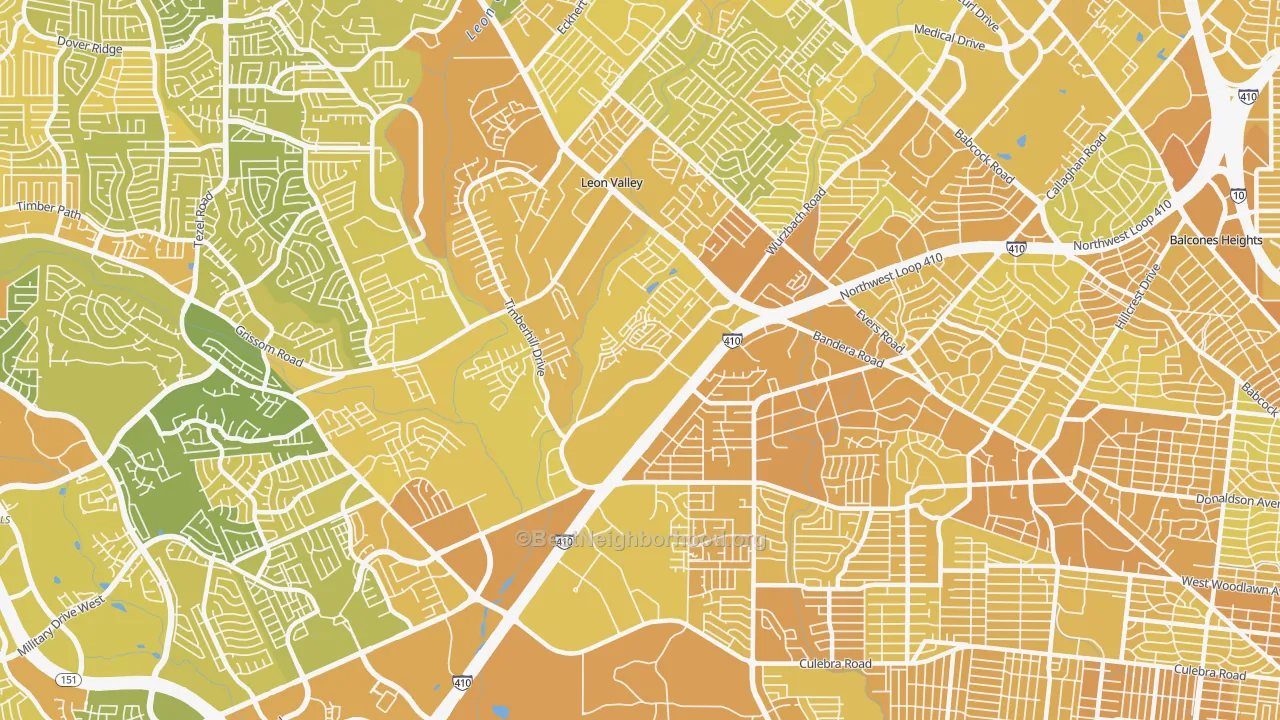 Map of the best neighborhoods in the 78238 area, with better matches in green and worse matches in red