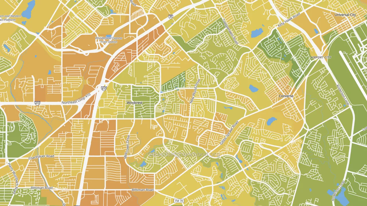 Map of the best neighborhoods in the 78239 area, with better matches in green and worse matches in red