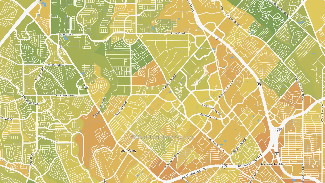 Map of the best neighborhoods in the 78240 area, with better matches in green and worse matches in red