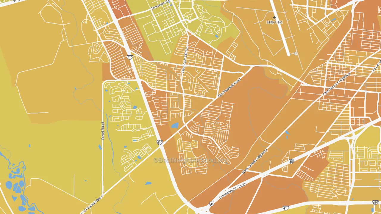 Map of the best neighborhoods in the 78242 area, with better matches in green and worse matches in red