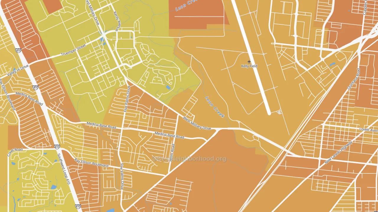 Map of the best neighborhoods in the 78243 area, with better matches in green and worse matches in red
