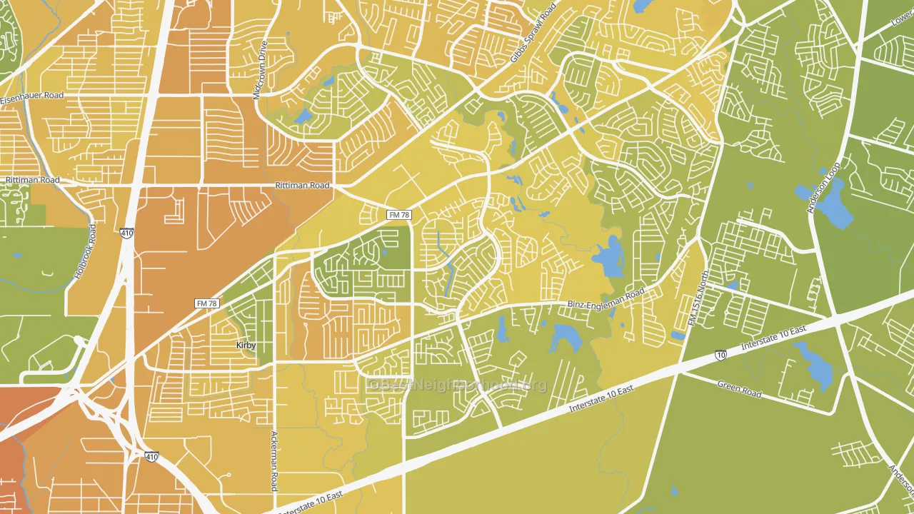 Map of the best neighborhoods in the 78244 area, with better matches in green and worse matches in red
