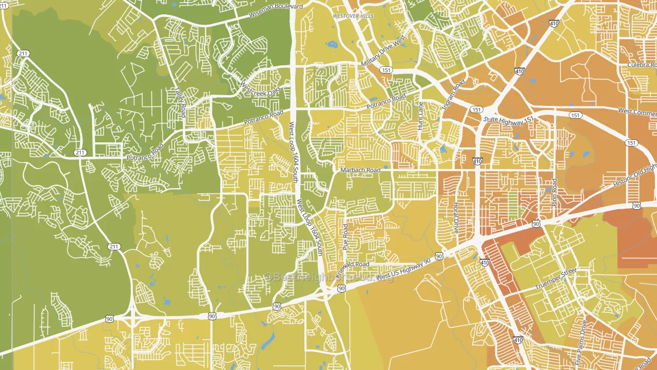 Map of the best neighborhoods in the 78245 area, with better matches in green and worse matches in red