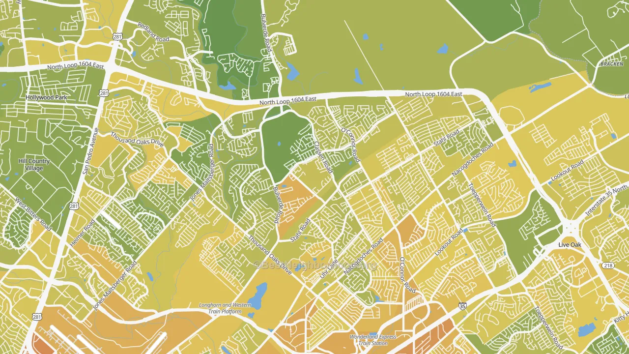 Map of the best neighborhoods in the 78247 area, with better matches in green and worse matches in red