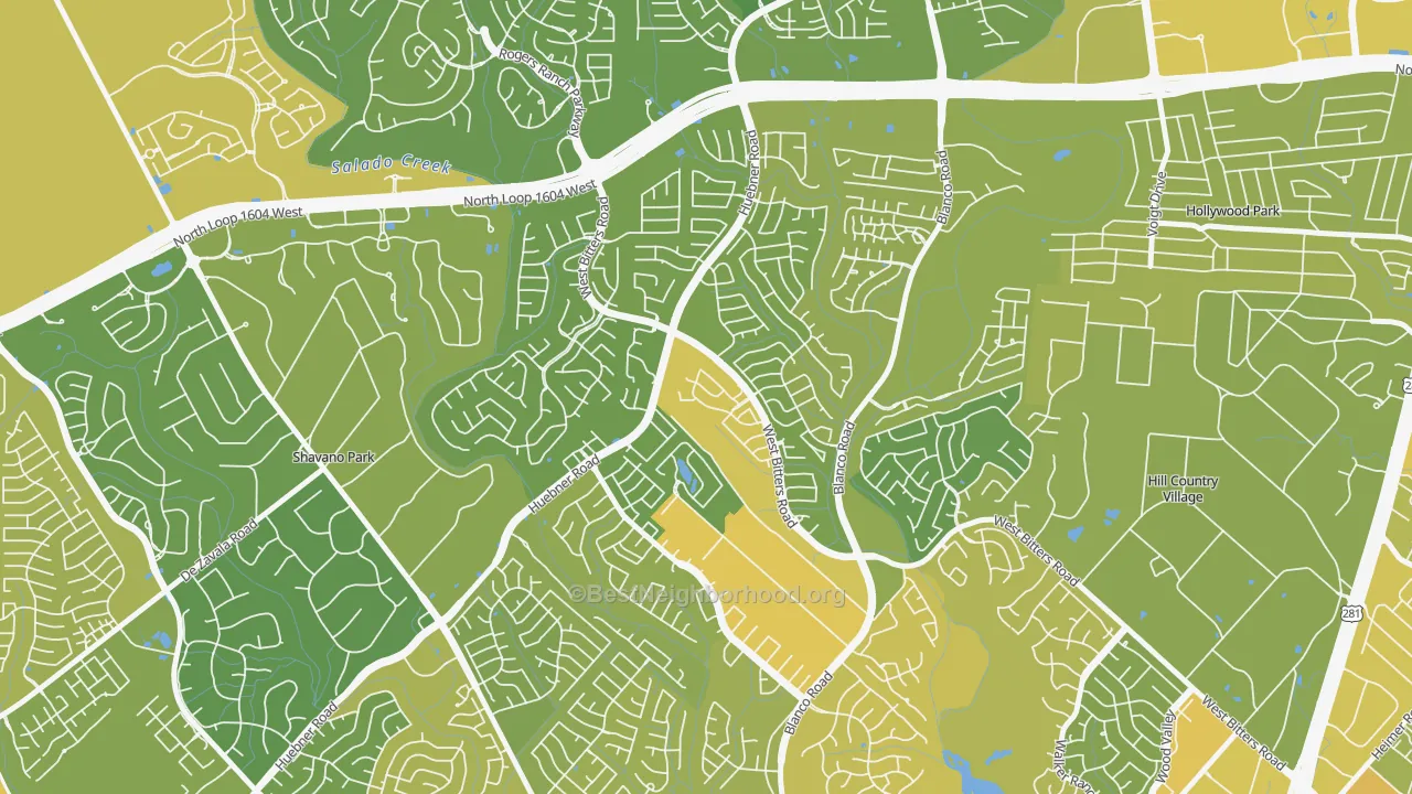 Map of the best neighborhoods in the 78248 area, with better matches in green and worse matches in red