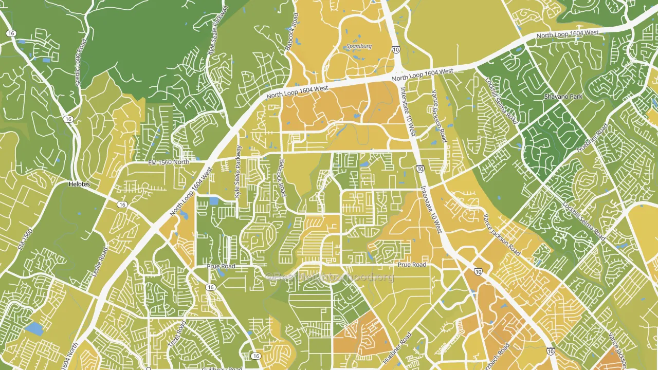 Map of the best neighborhoods in the 78249 area, with better matches in green and worse matches in red