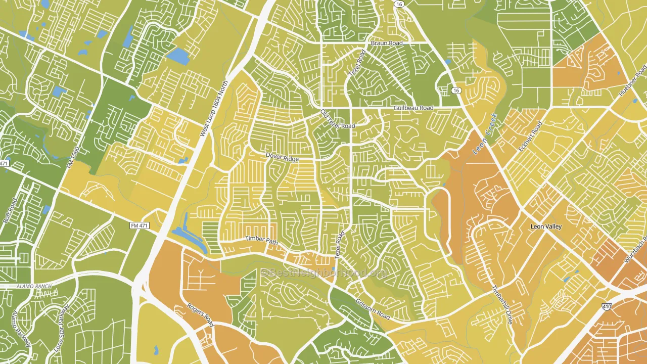 Map of the best neighborhoods in the 78250 area, with better matches in green and worse matches in red