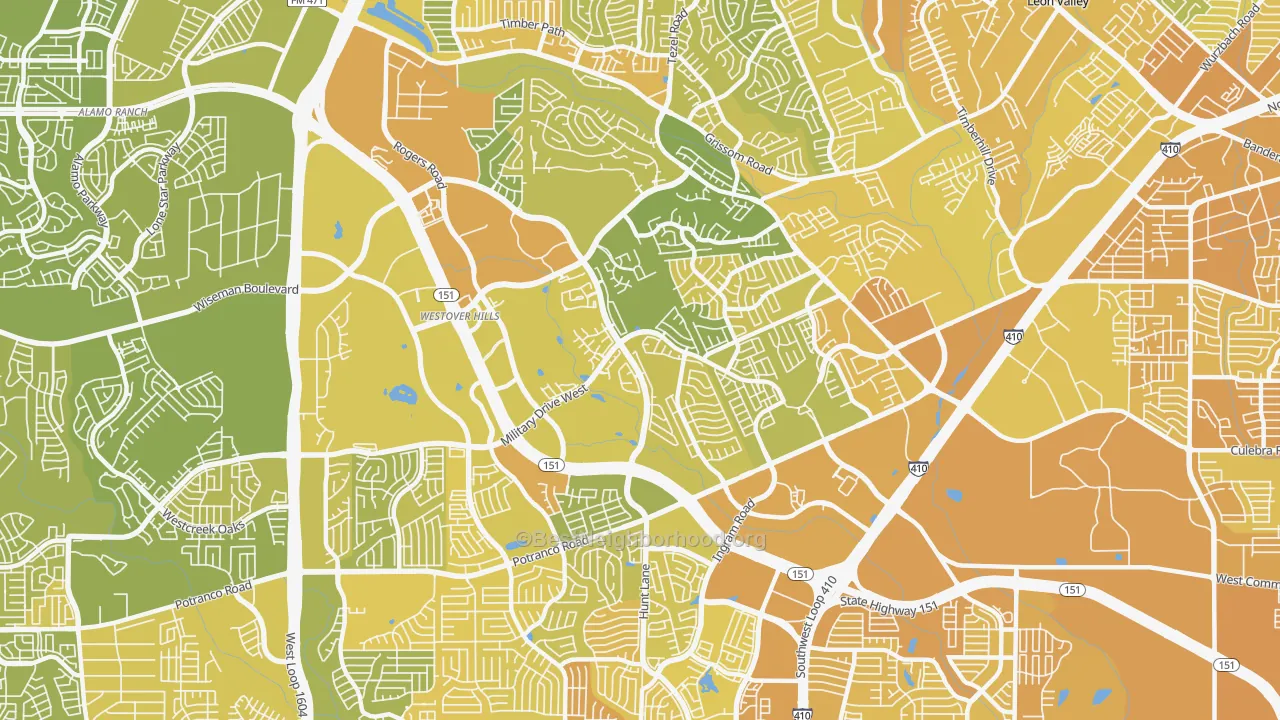 Map of the best neighborhoods in the 78251 area, with better matches in green and worse matches in red