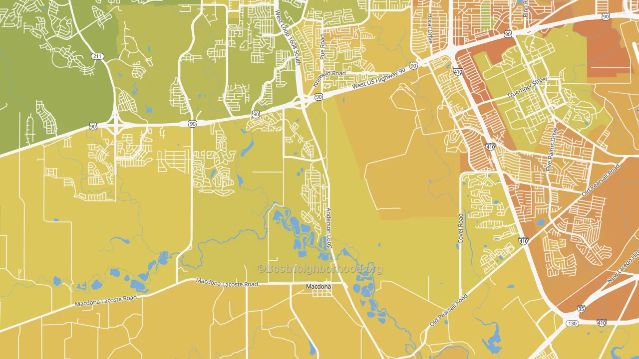 Map of the best neighborhoods in the 78252 area, with better matches in green and worse matches in red