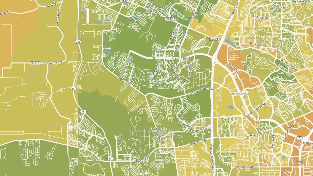 Map of the best neighborhoods in the 78253 area, with better matches in green and worse matches in red