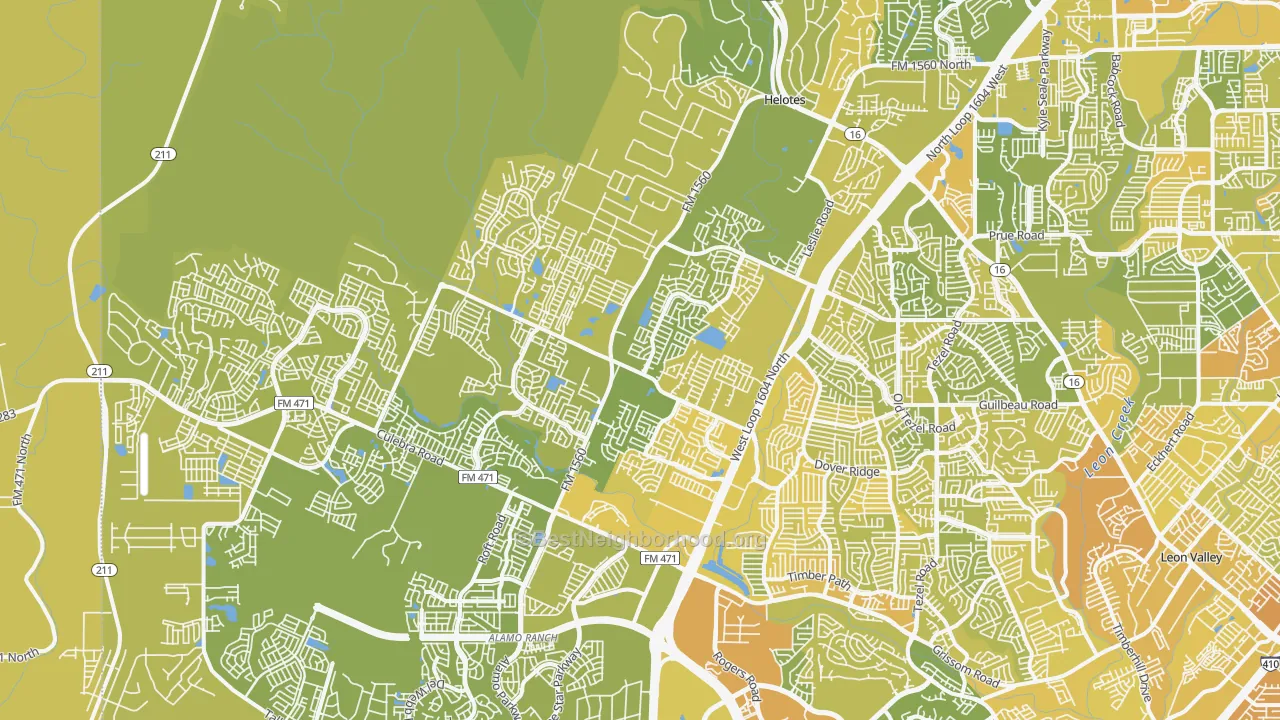 Map of the best neighborhoods in the 78254 area, with better matches in green and worse matches in red