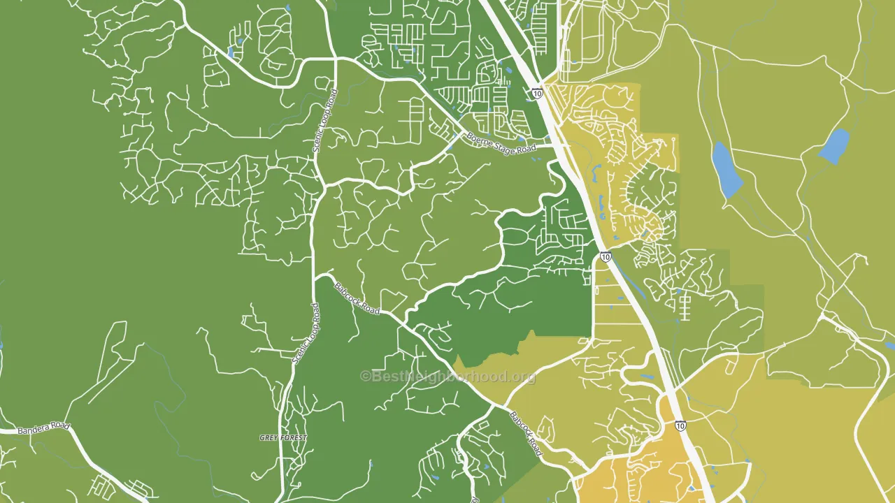 Map of the best neighborhoods in the 78255 area, with better matches in green and worse matches in red