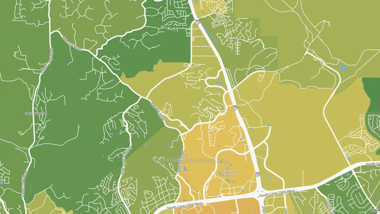 Map of the best neighborhoods in the 78256 area, with better matches in green and worse matches in red