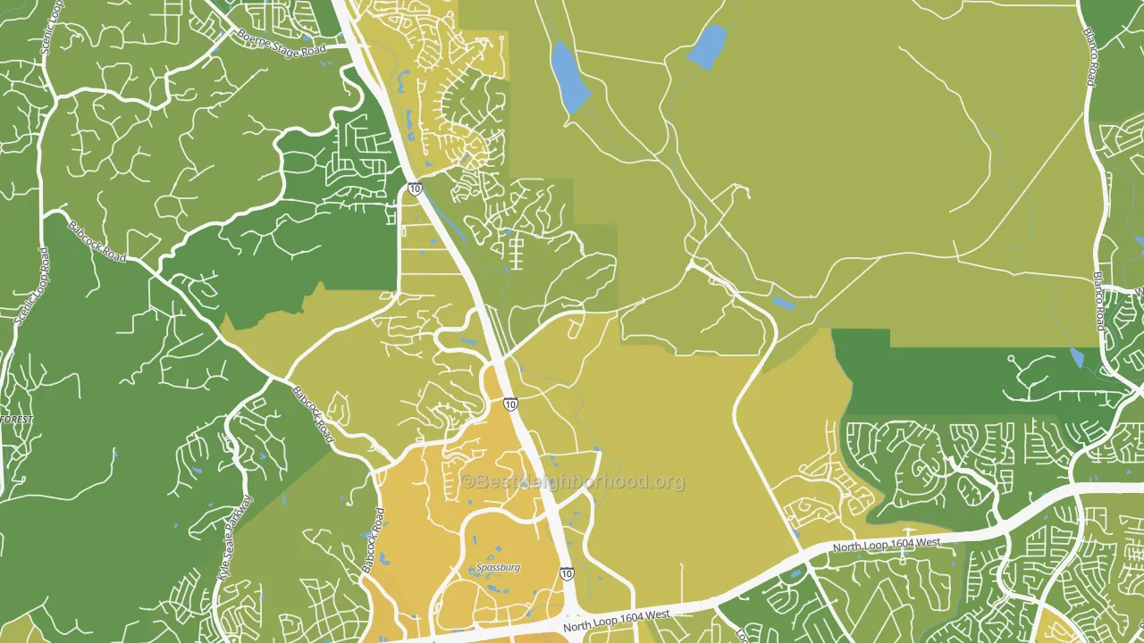 Map of the best neighborhoods in the 78257 area, with better matches in green and worse matches in red