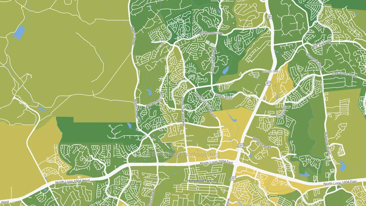 Map of the best neighborhoods in the 78258 area, with better matches in green and worse matches in red