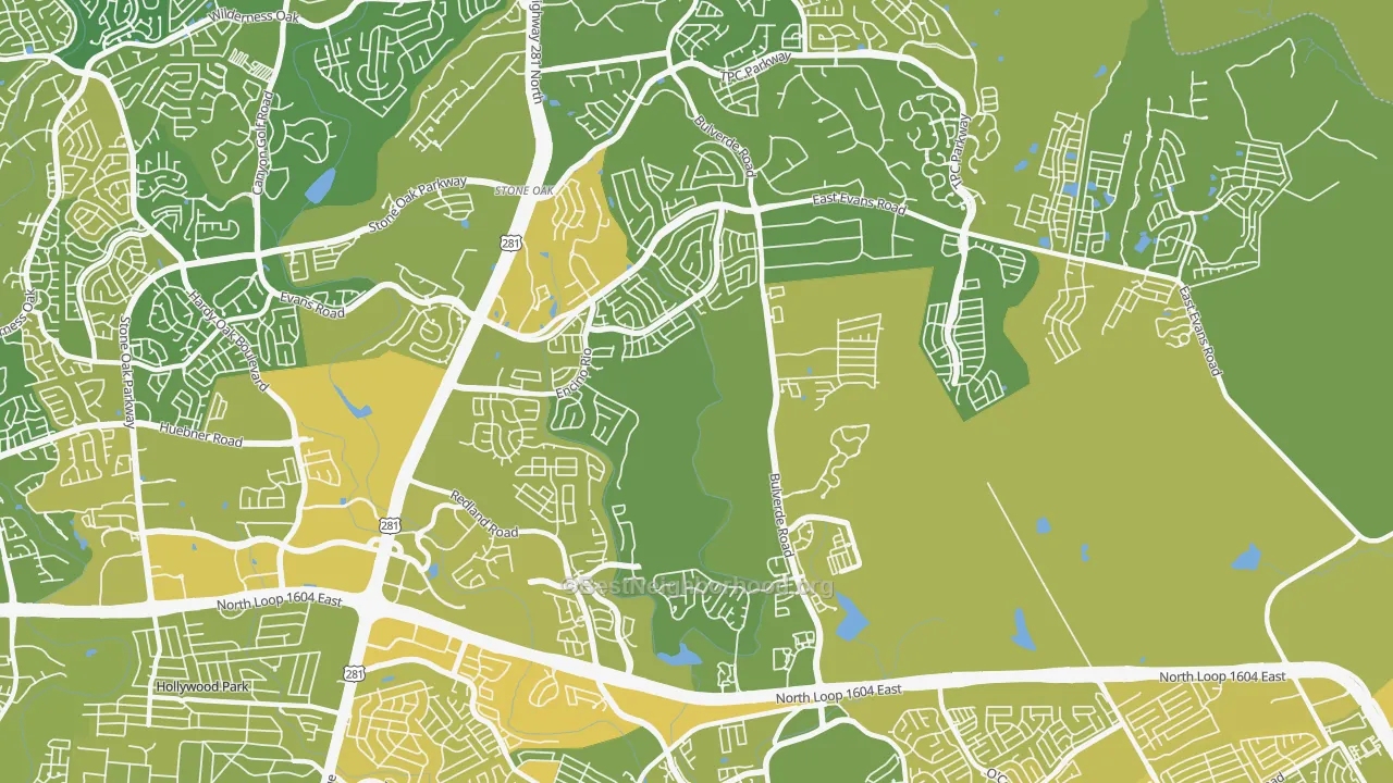 Map of the best neighborhoods in the 78259 area, with better matches in green and worse matches in red