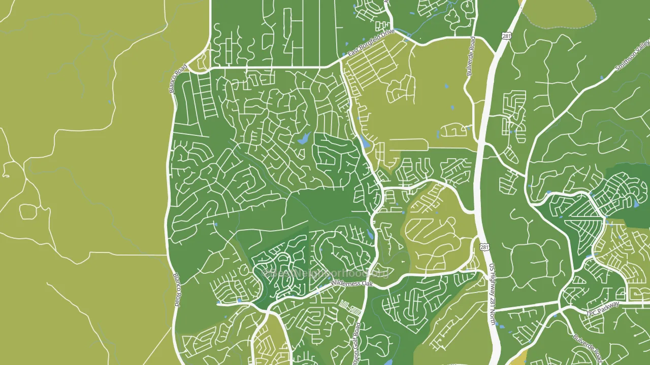 Map of the best neighborhoods in the 78260 area, with better matches in green and worse matches in red