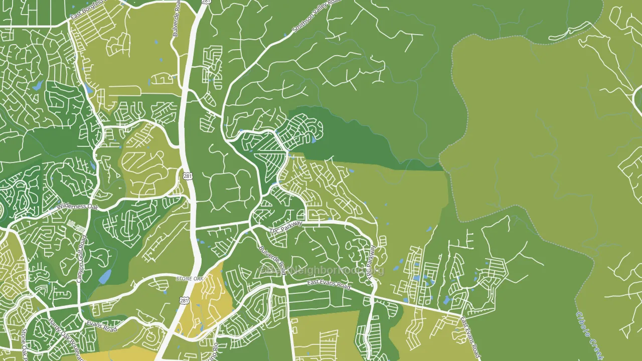 Map of the best neighborhoods in the 78261 area, with better matches in green and worse matches in red