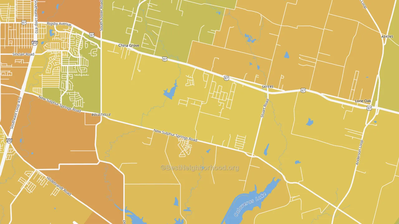 Map of the best neighborhoods in the 78263 area, with better matches in green and worse matches in red
