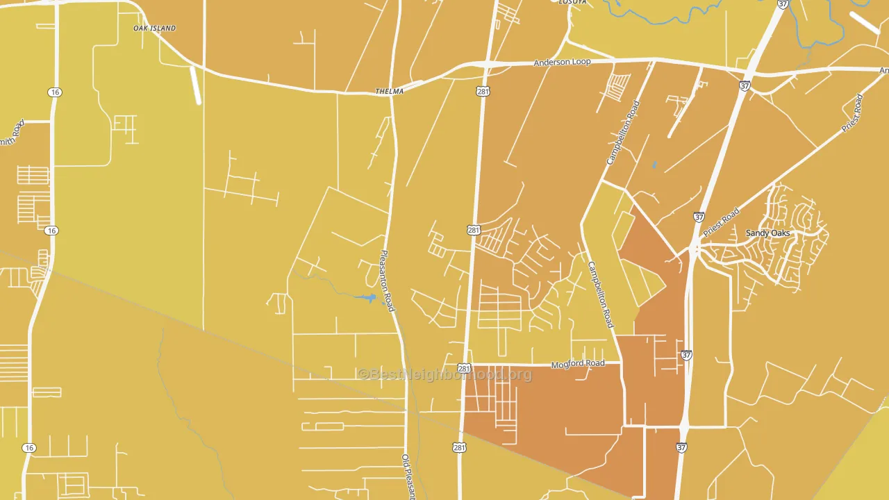 Map of the best neighborhoods in the 78264 area, with better matches in green and worse matches in red