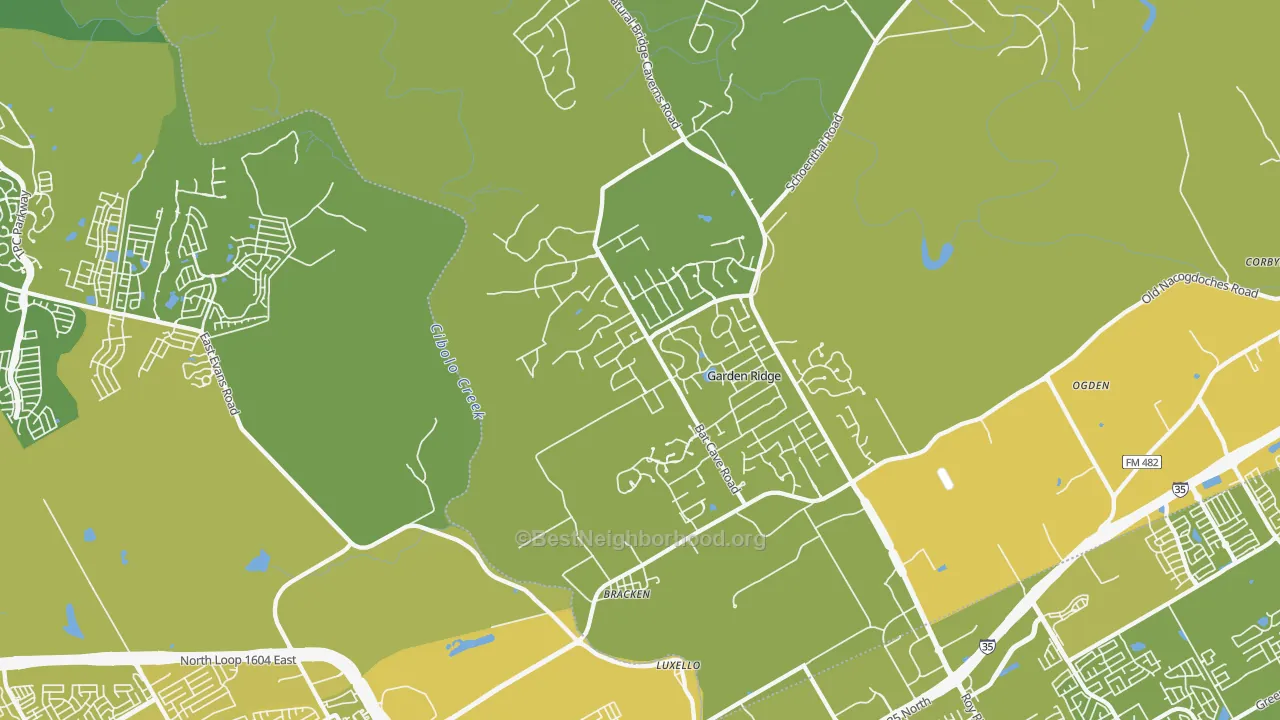 Map of the best neighborhoods in the 78266 area, with better matches in green and worse matches in red