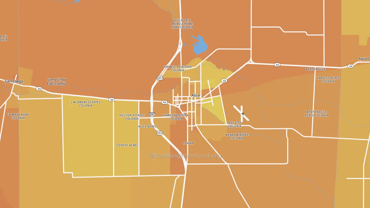 Map of the best neighborhoods in the 78332 area, with better matches in green and worse matches in red