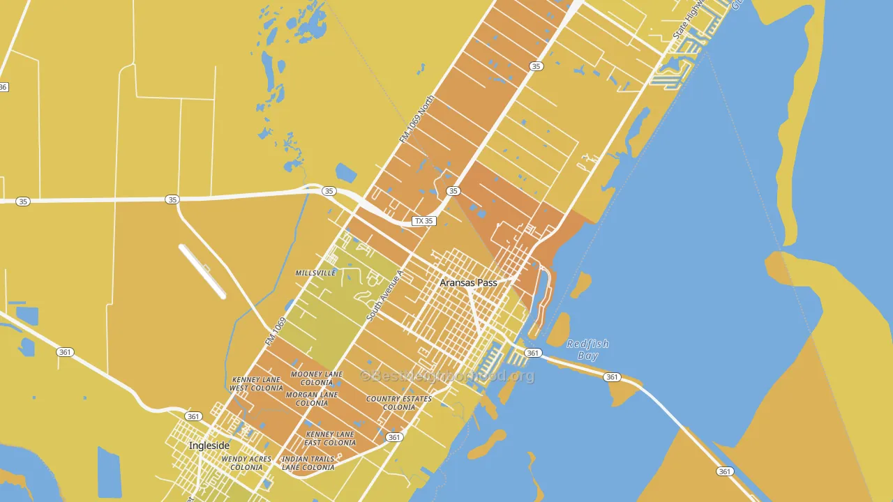 Map of the best neighborhoods in the 78336 area, with better matches in green and worse matches in red