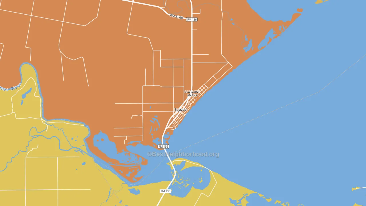 Map of the best neighborhoods in the 78340 area, with better matches in green and worse matches in red