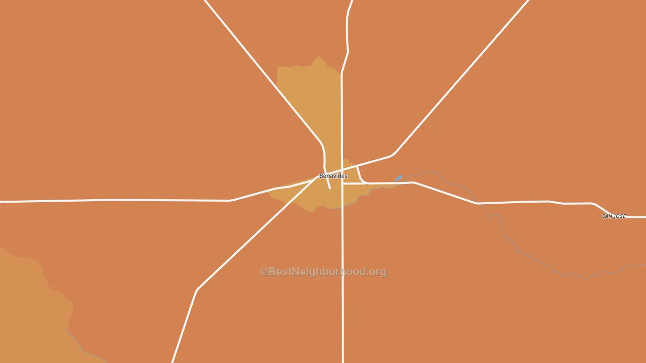 Map of the best neighborhoods in the 78341 area, with better matches in green and worse matches in red