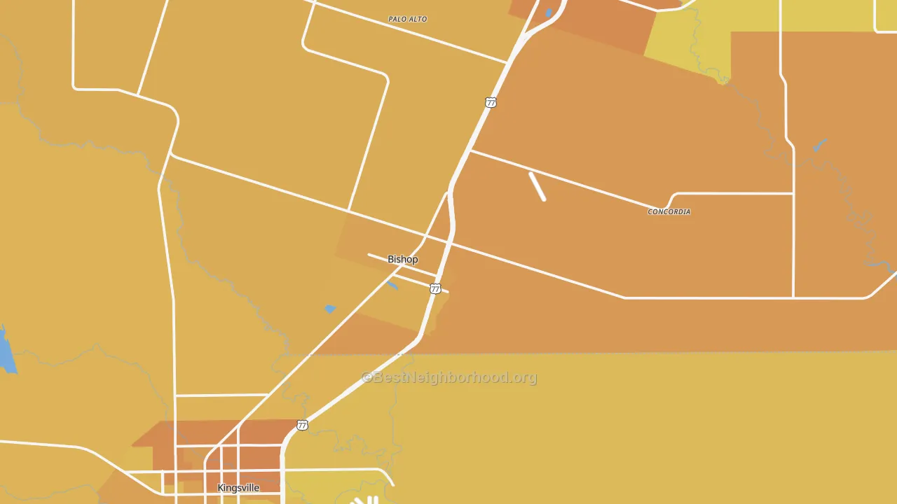 Map of the best neighborhoods in the 78343 area, with better matches in green and worse matches in red