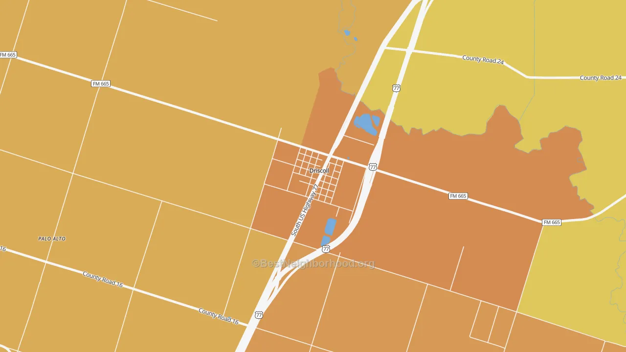 Map of the best neighborhoods in the 78351 area, with better matches in green and worse matches in red