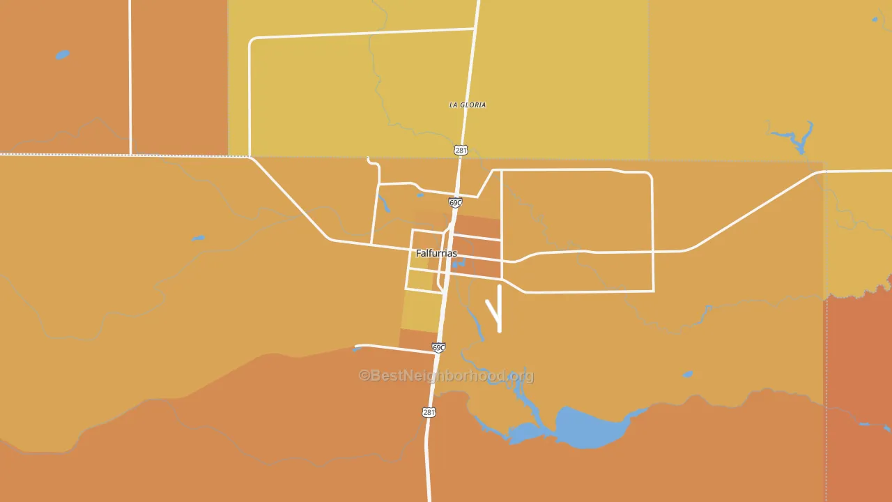 Map of the best neighborhoods in the 78355 area, with better matches in green and worse matches in red