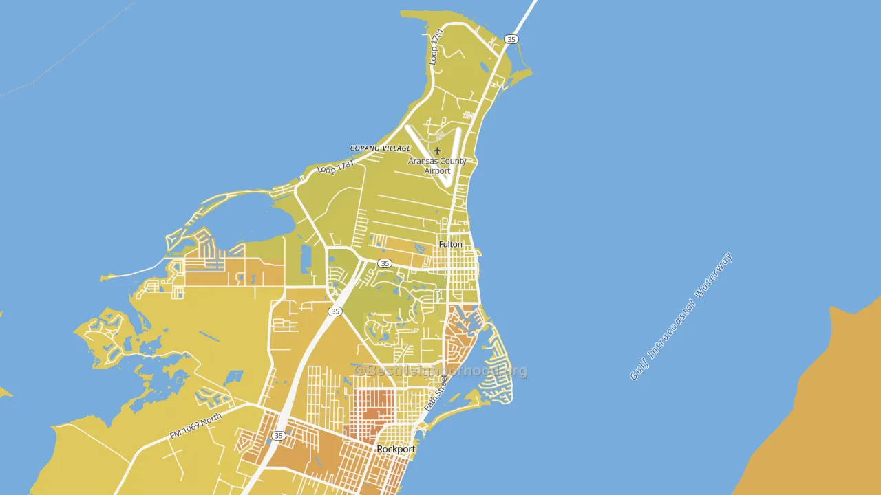 Map of the best neighborhoods in the 78358 area, with better matches in green and worse matches in red