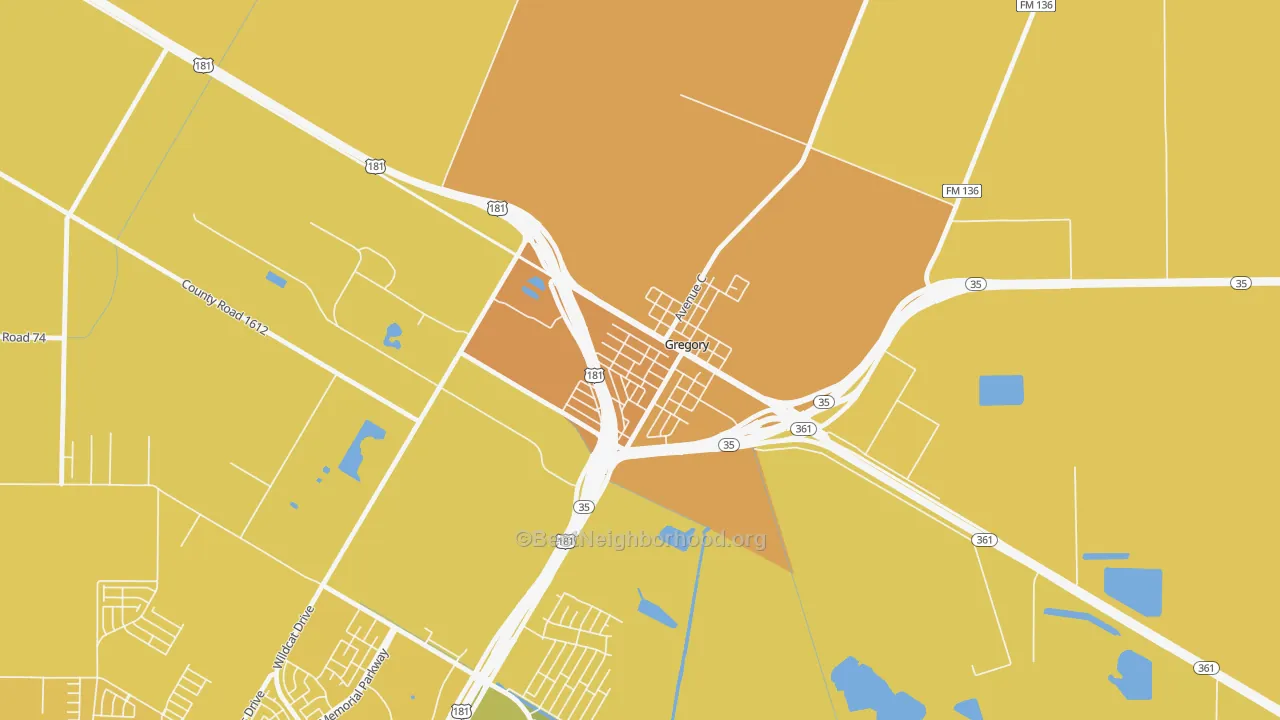 Map of the best neighborhoods in the 78359 area, with better matches in green and worse matches in red