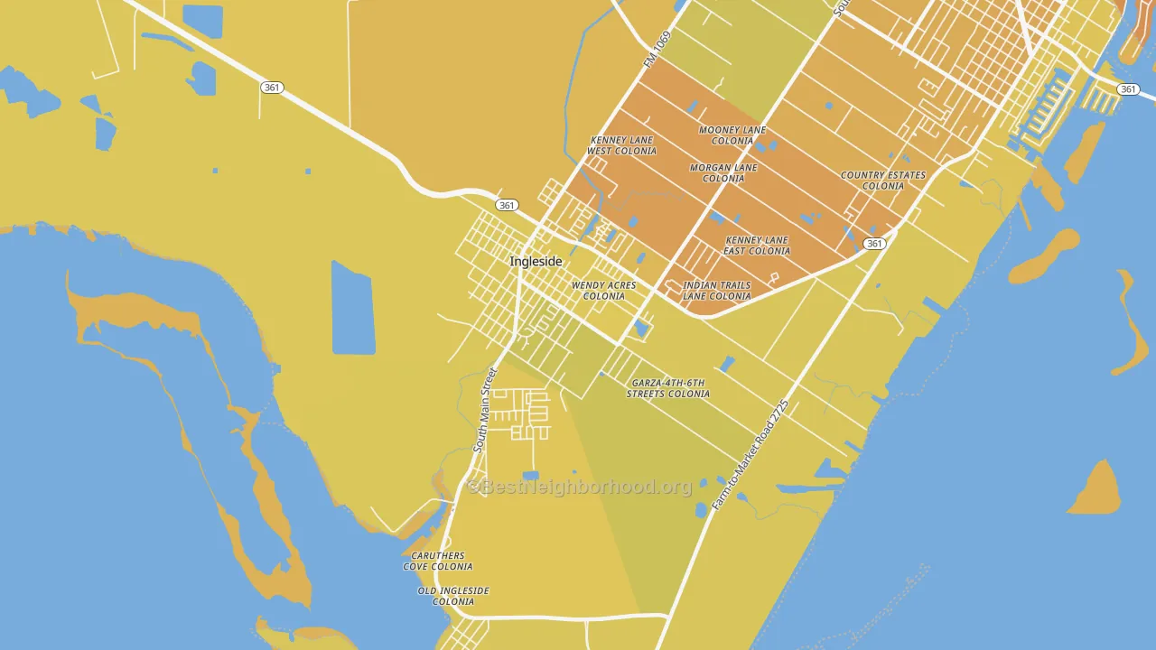 Map of the best neighborhoods in the 78362 area, with better matches in green and worse matches in red