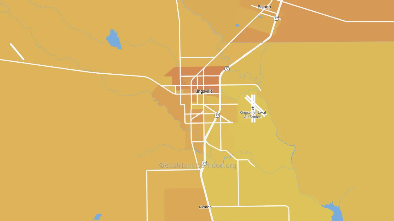 Map of the best neighborhoods in the 78363 area, with better matches in green and worse matches in red