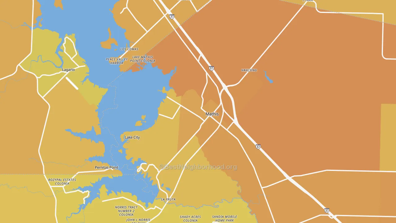 Map of the best neighborhoods in the 78368 area, with better matches in green and worse matches in red